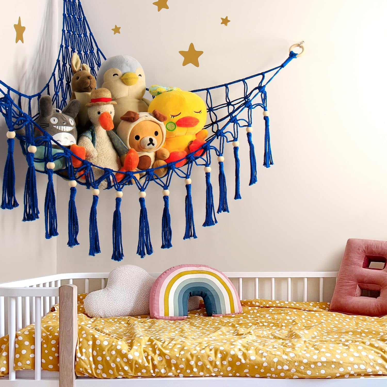 Stuffed Animal Toy Storage Hammock with LED Light-Macrame Jumbo Doll Room Organizer Mesh Decoration-Hanging Storage Nets Kids Bedroom(Blue Beads)