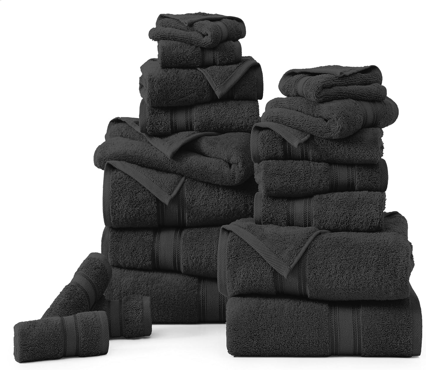 Luxury Bath Towels Set- 100% Cotton Bathroom Towels, Zero Twist, Quick Dry Shower Towel, Extra Aborbent Bath Towel, Super Soft, 6 Bath Towels, 6 Hand Towels, 6 Wash Cloths - Black (18 PC)