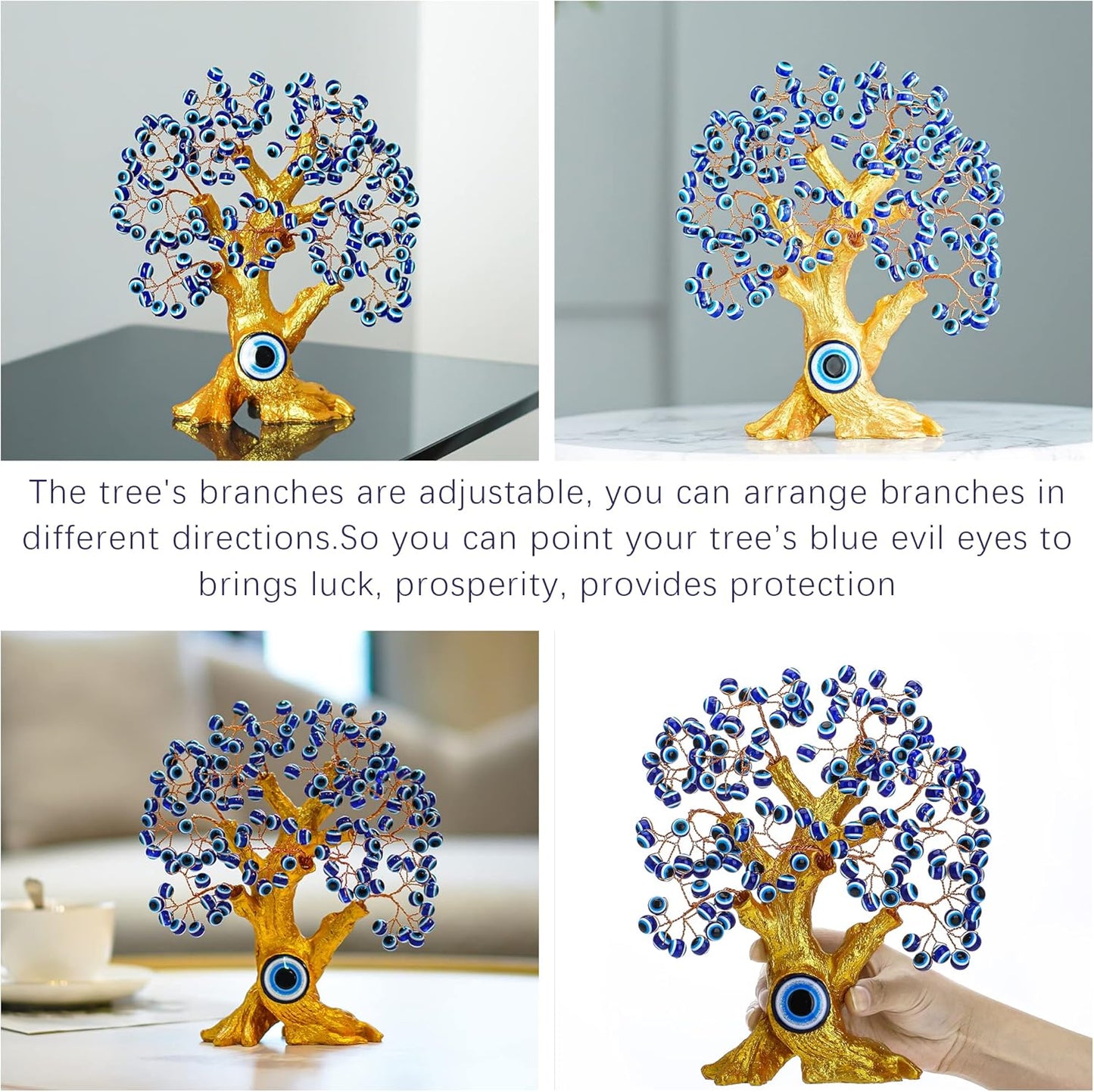 8'' Turkish Blue Evil Eye Tree Golden Feng Shui Decor Protection Money Fortune Tree Good Luck Gift