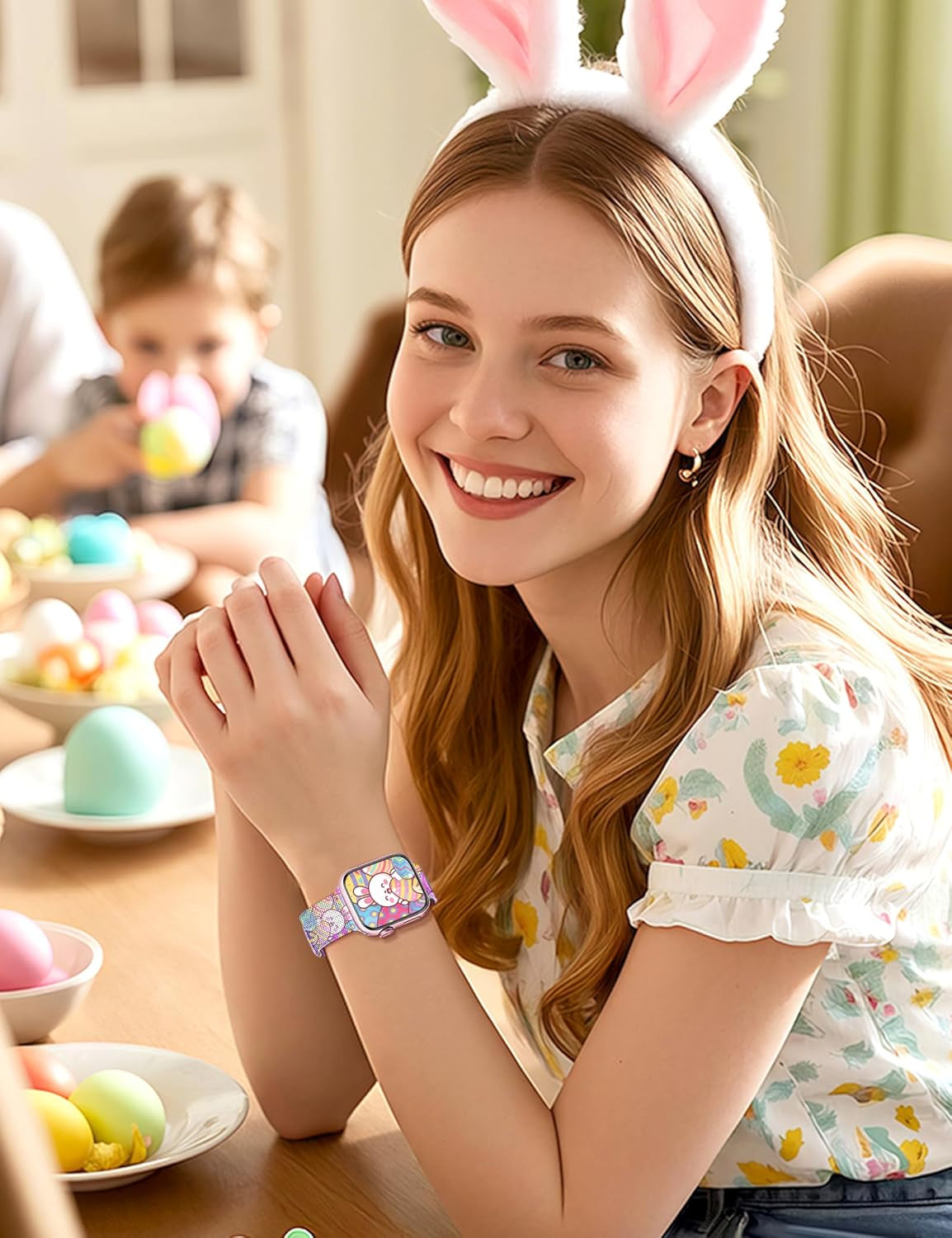 Magnetic Metal Easter Apple Watch Bands for Women Men 41Mm 42Mm 44Mm 45Mm 46Mm 49Mm 38Mm 40Mm, Valentine Holiday Milanese Loop Strap for Apple Watch Series 10 9 SE 8 7 6 5 4 3 2 1 Ultra 2 1-Purple Easter Eggs & Rabbit