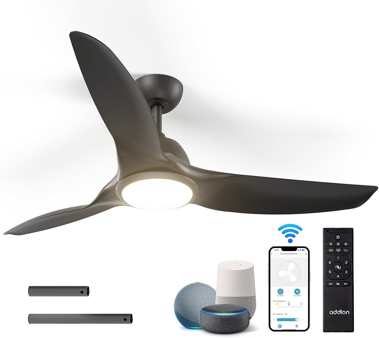 Ceiling Fans with Lights, 52 Inch Smart Ceiling Fan with Remote/App/Alexa Control, Reversible DC Motor, 6 Speeds, 3CCT Dimmable, Noiseless, Black Ceiling Fan for Bedroom, Farmhouse