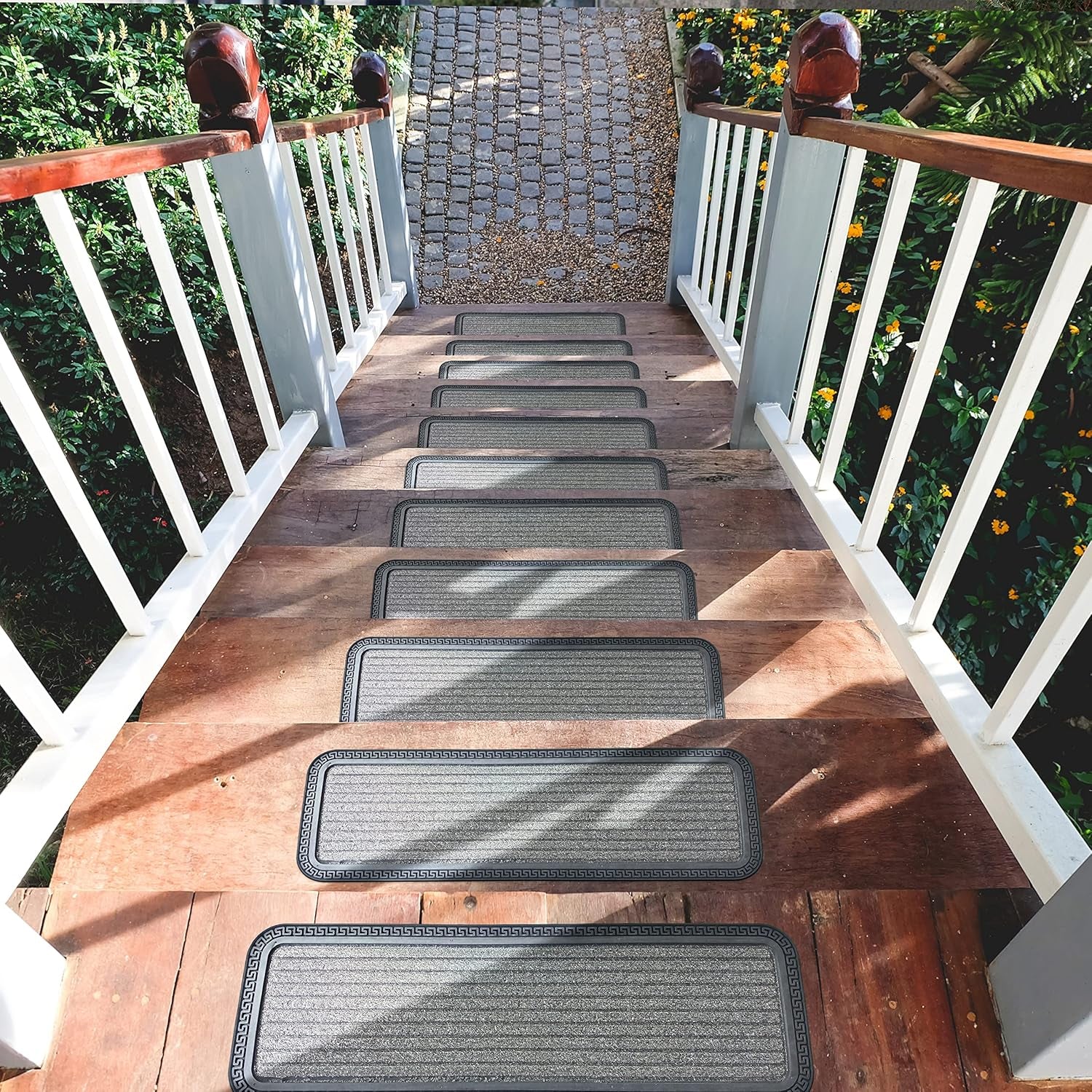 Indoor/Outdoor Hose-Wash Striped Design Non-Slip Rubber 10" X 30" Modern Stair Treads for Stairs, Garage, Patio, 5 Pack, Gray