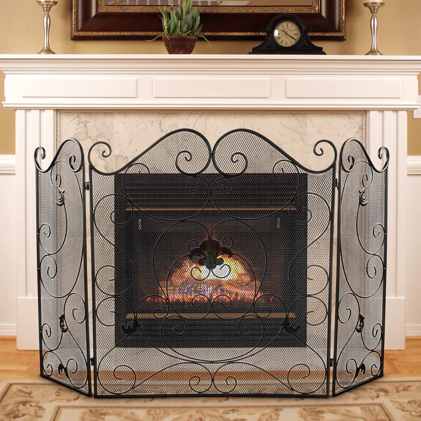 Fireplace Screen 3 Panel Fireplace Screens for Fireplace 50 X 31 Inch Wrought Iron Black Metal Spark Guard Cover Fireguards Mesh Cover Baby Safe Proof Fence Fire Place Standing Gate (Style 1)