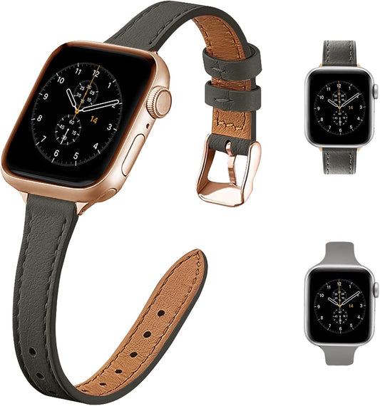 Slim Leather Watch Bands Compatible with Apple Watch Band 38Mm 40Mm 41Mm 42Mm 44Mm 45Mm 49Mm,Top Grain Leather Band Slim & Thin Replacement Wristband for Iwatch Ultra Series 8 7 6 5 4 3 2 1 SE (2 Pack Watch Band)