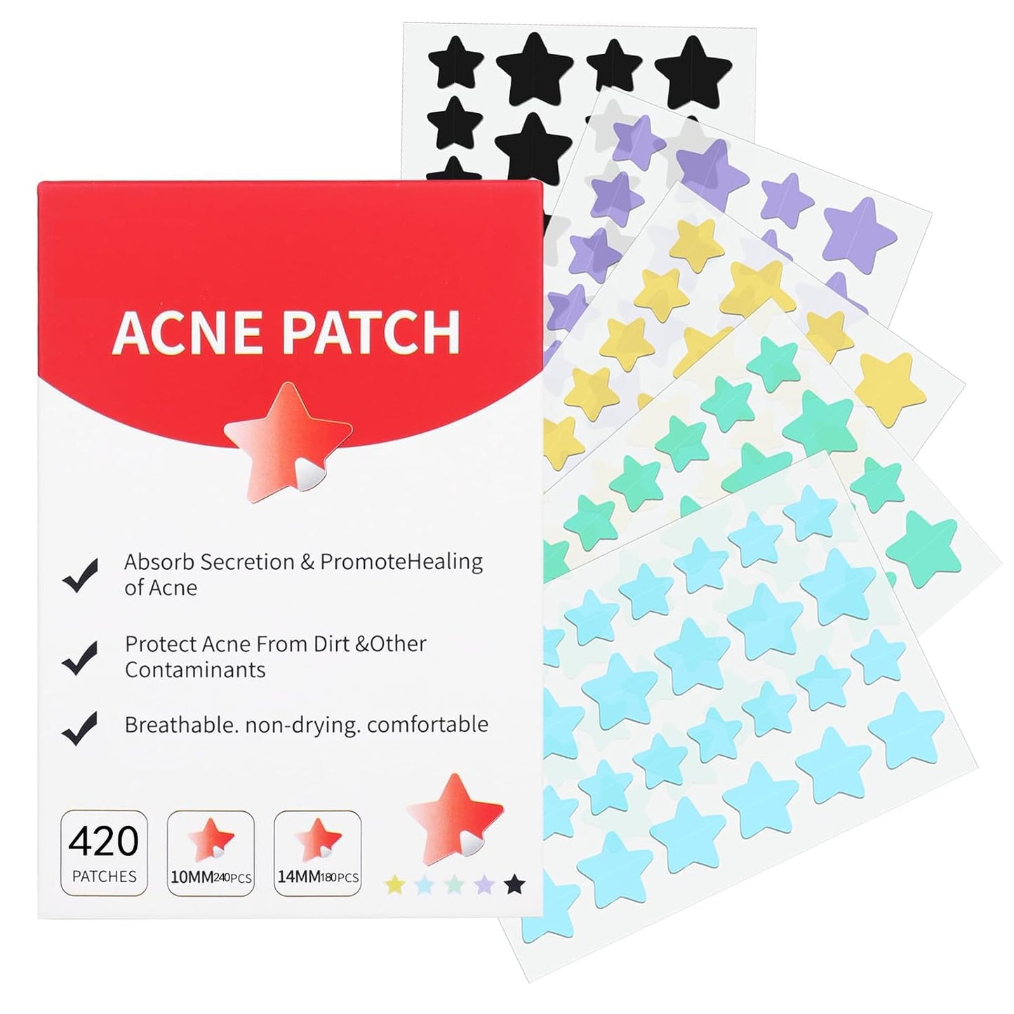 Pimple Patches for Face, Cute Star Zit Covers, Stars Hydrocolloid Acne Patch, for Sensitive Skin, with Tea Tree, Salicylic Acid & Cica Oil (10Mm&12Mm) 420 Count