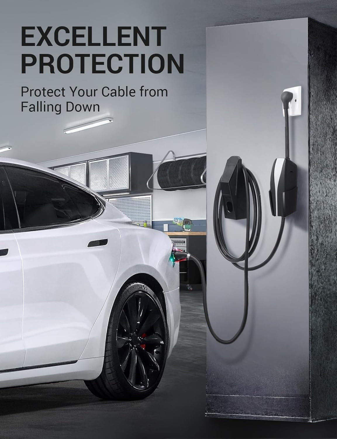 Upgrade Tesla Charger Holder Wall Mount Charging Cable Organizer Cybertruck Design Mobile Charger Connector with Chassis Bracket Compatible for 2012-2025 Model 3 Model Y Model S Model X