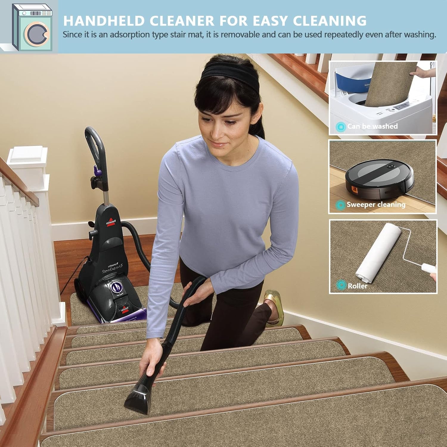 8" X 30" (15 in Pack) Non-Slip Stair Treads Carpet for Wooden Steps, Self-Adhesive Stair Treads Mat, Safety Indoor Stair Runner Mats, anti Slip Stair Rugs for Kids Elders and Dogs，Moca