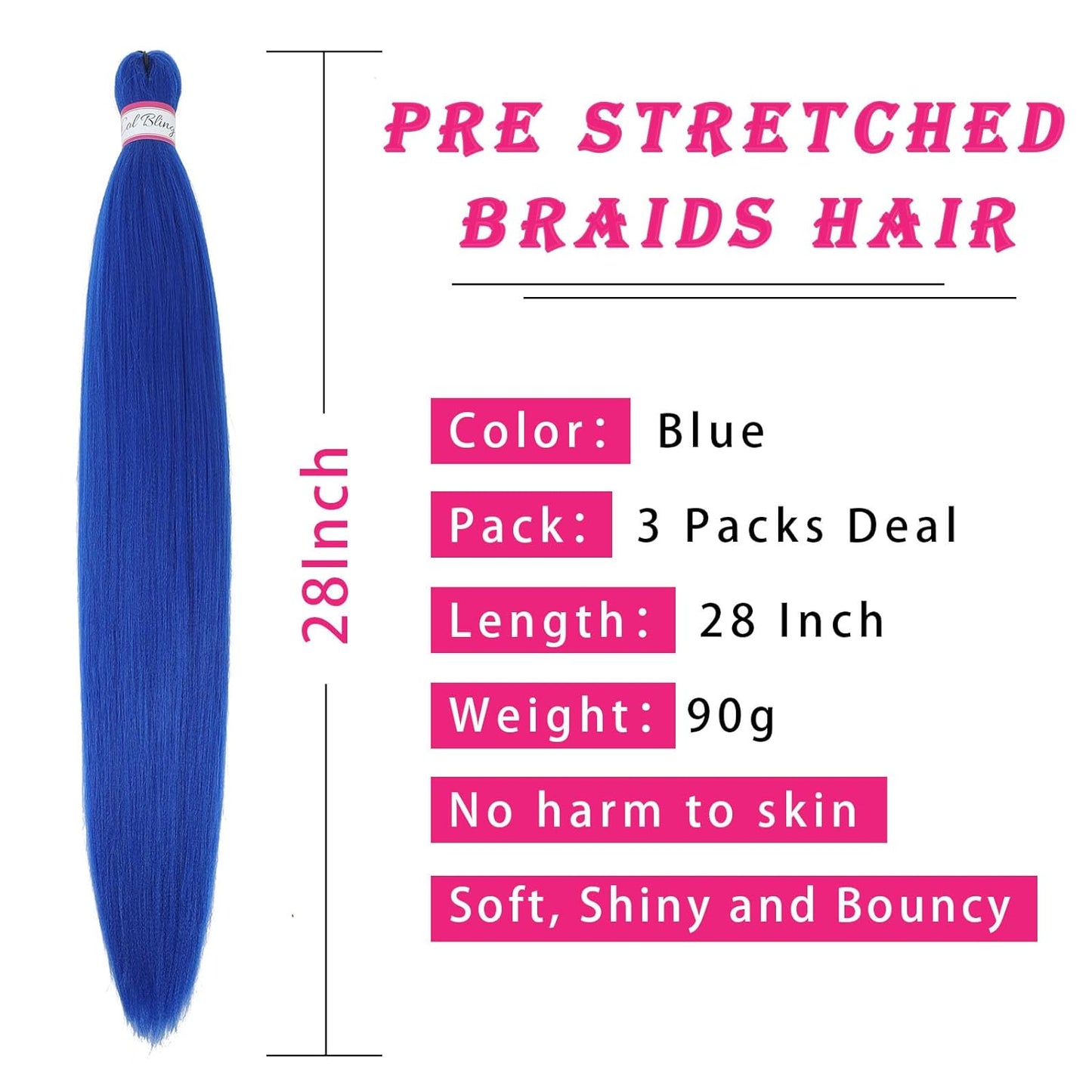 Blue Braiding Hair Pre Stretched, 28 Inch Long Braid Hair Extensions for Women, Box Braids Hair Yaki Texture, Professional Synthetic, Softness, Knotless Easy to Install