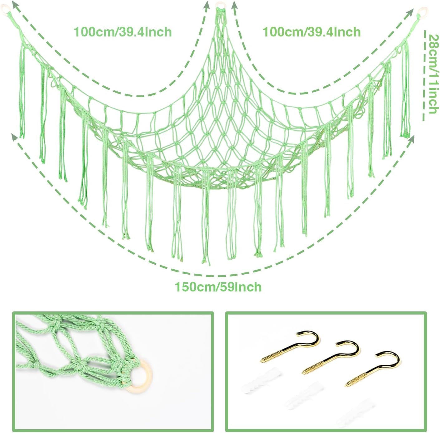 Boho Stuffed Animals Net or Hammock Large,55 Inch Toy Hammock Macrame Stuff Animal Storage Corner Hanging Net Holder,Mesh Hammock Plush Toy Organizer with Hooks for Bedroom,Nursery (Deep Green)