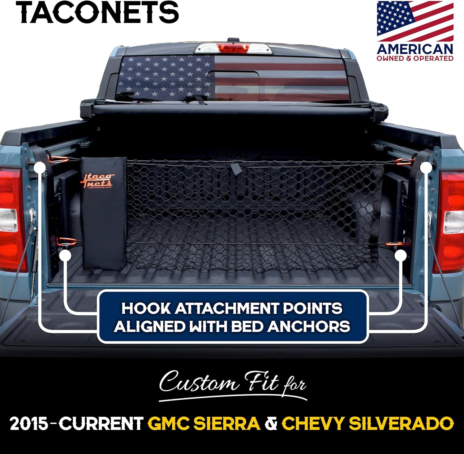 GMC Sierra & Chevy Silverado Envelope Style Truck Bed Cargo Net - Fits 2013-2024 - Upgraded 5Mm Bungee - Free Storage Bag - Heavy Duty Carabiners - Designed in USA - 18" X 50"