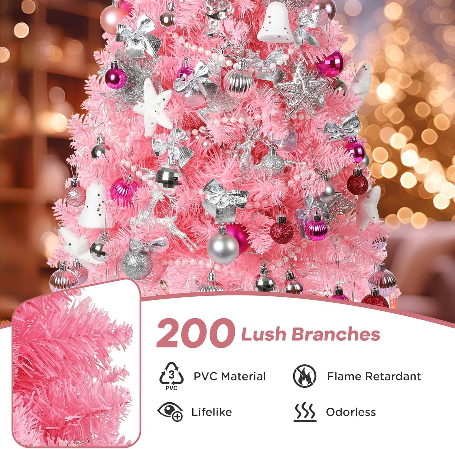 3FT Mini Pink Christmas Tree, Small Christmas Tree with Lights, Prelit Tabletop Christmas Tree with 200 Branch Tips and 110+ DIY Ornaments, Christmas Decorations Indoor and Gifts for Men Women