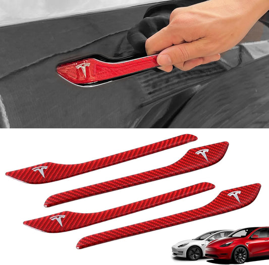 4 Pcs Door Handle Cover Compatible with Tesla Model 3 (2017-2024) Model Y (2020-2024) Real Carbon Fiber 3D Sticker Wrap Covers Exterior Trim Epoxy Door Sill Protector Accessories (Red)