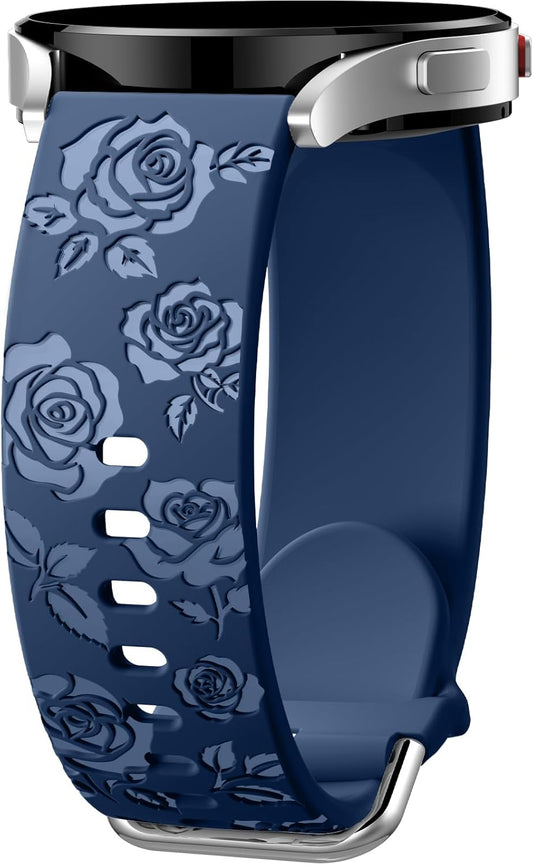Sport Silicone Band for Samsung Watch 6 Bands 44Mm 40Mm, Galaxy Watch 4 5 Band/Galaxy Watch 5 Pro/Galaxy Watch 4 6 Classic Band, 20Mm Glossy Floral Engraved Band for Galaxy Watch 7, Deep Blue