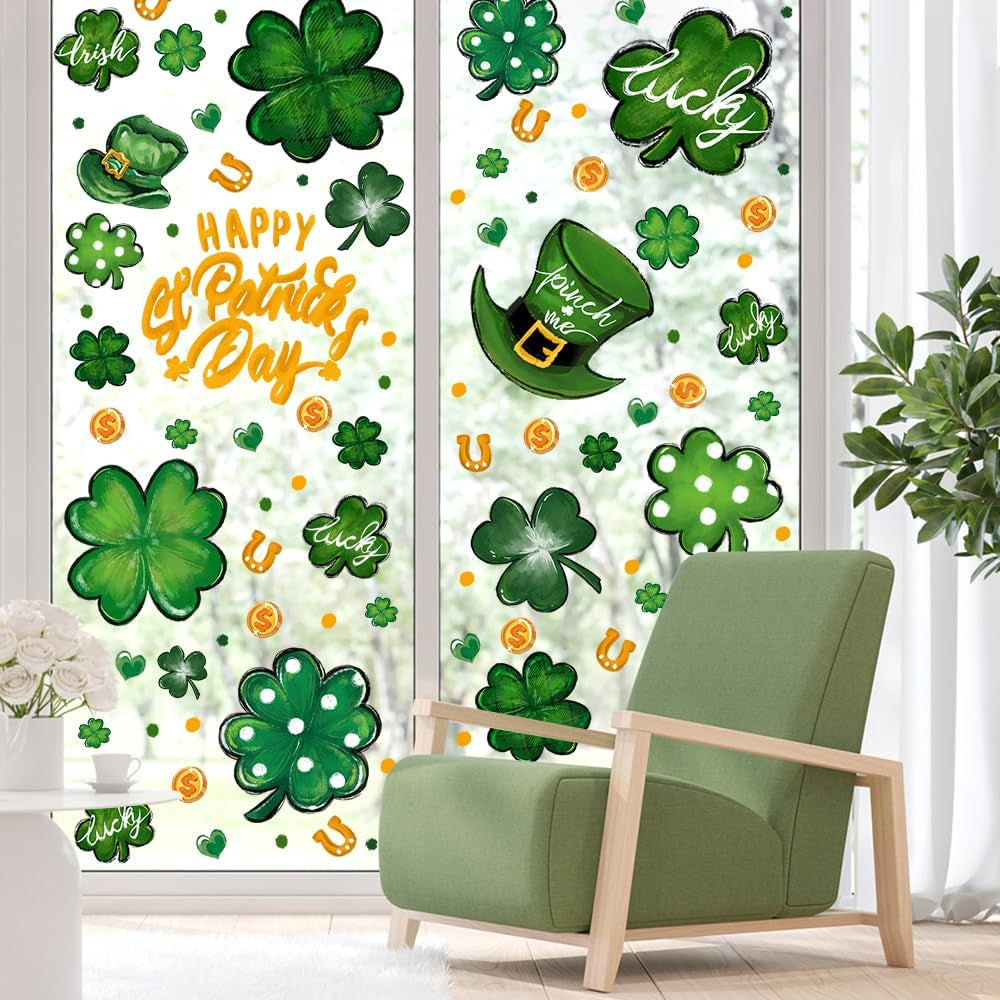 6 Sheets St. Patrick'S Day Window Clings, Extra Large Good Luck Shamrock Window Decals Stickers for St. Patrick'S Day Glass Home Decor and Spring Window Decoration