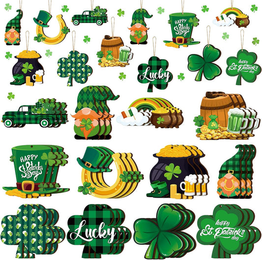 36 Pcs St. Patrick'S Day Tree Ornaments St. Patrick'S Day Wooden Ornaments for Small Tree Shamrock Decorations Gnome Clover Truck Plaid Hanging Cutouts for St. Patrick'S Day Irish Decor
