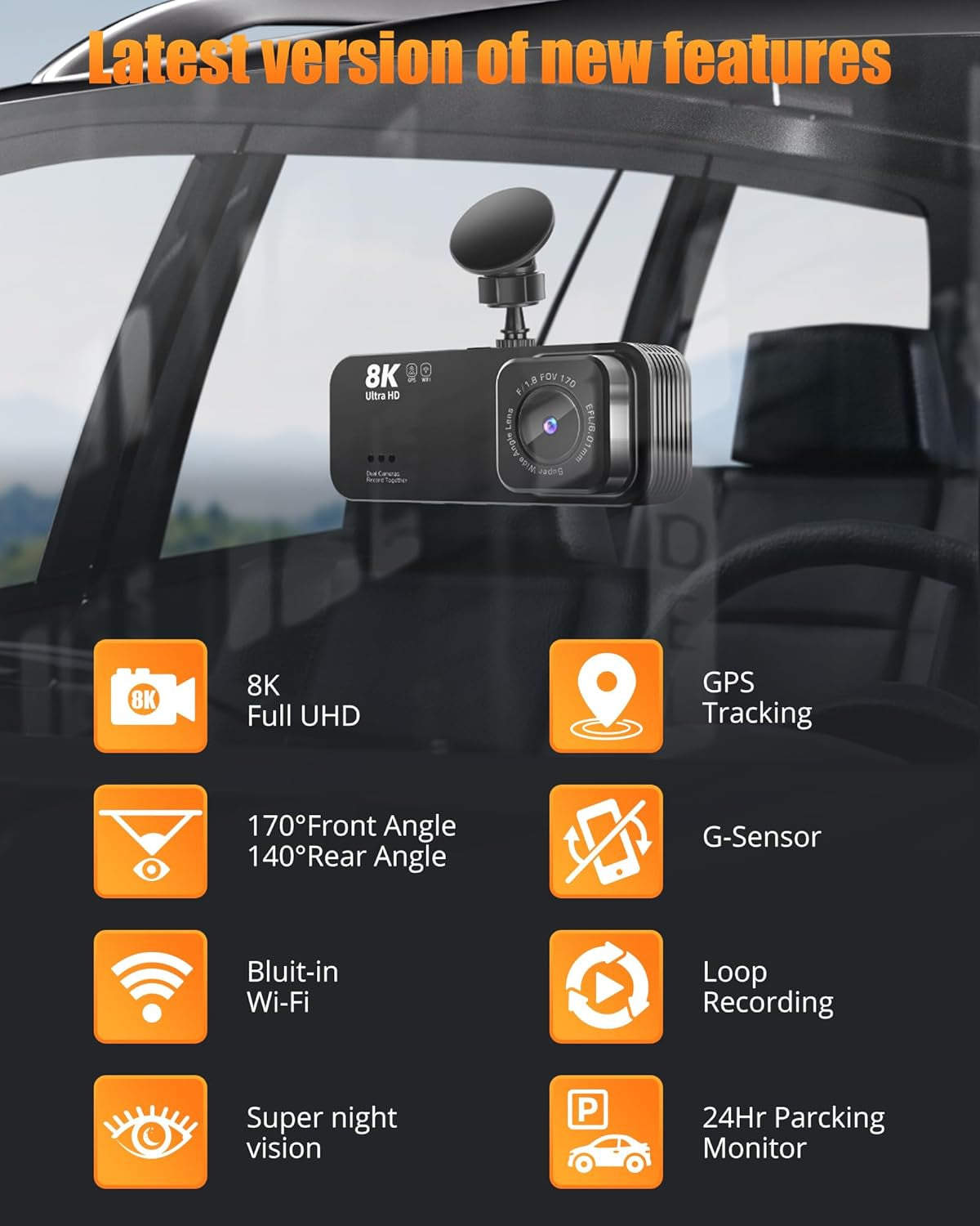 Dash Cam Front and Rear, 8K UHD/2.5K FHD Dash Cam, Dash Camera for Cars, Free 32GB Card, Build in GPS & Wifi,3.16" IPS Screen, 170°Wide Angle, WDR, Night Vision, 24Hrs Parking Mode