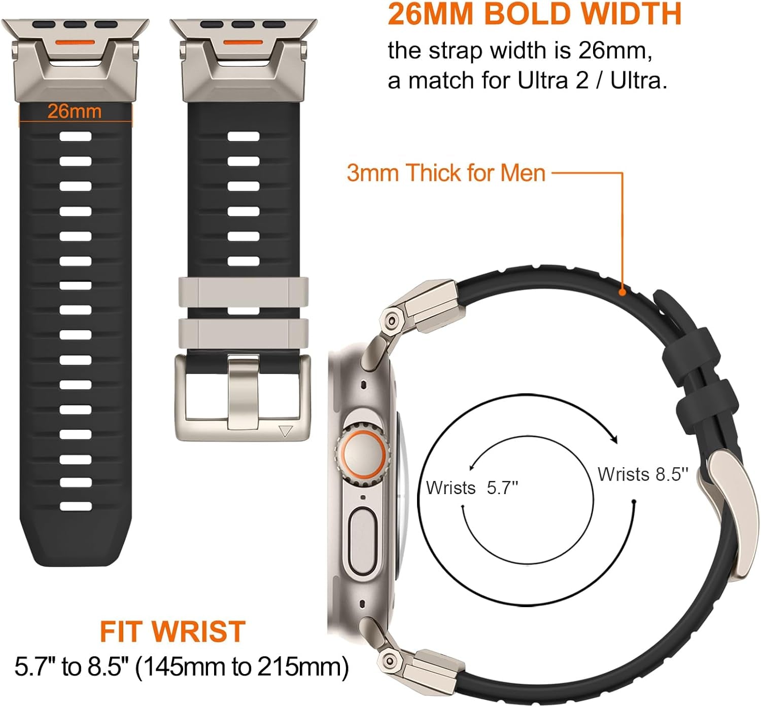 Band for Apple Watch Ultra 2 / Ultra 49Mm, Fluoro Rubber Watchband Stainless Steel Connector Kit Strap for Iwatch Apple Watch SE (2Nd Gen) Series 9 8 7 6 5 4 3 2 1 45Mm 44Mm 42Mm