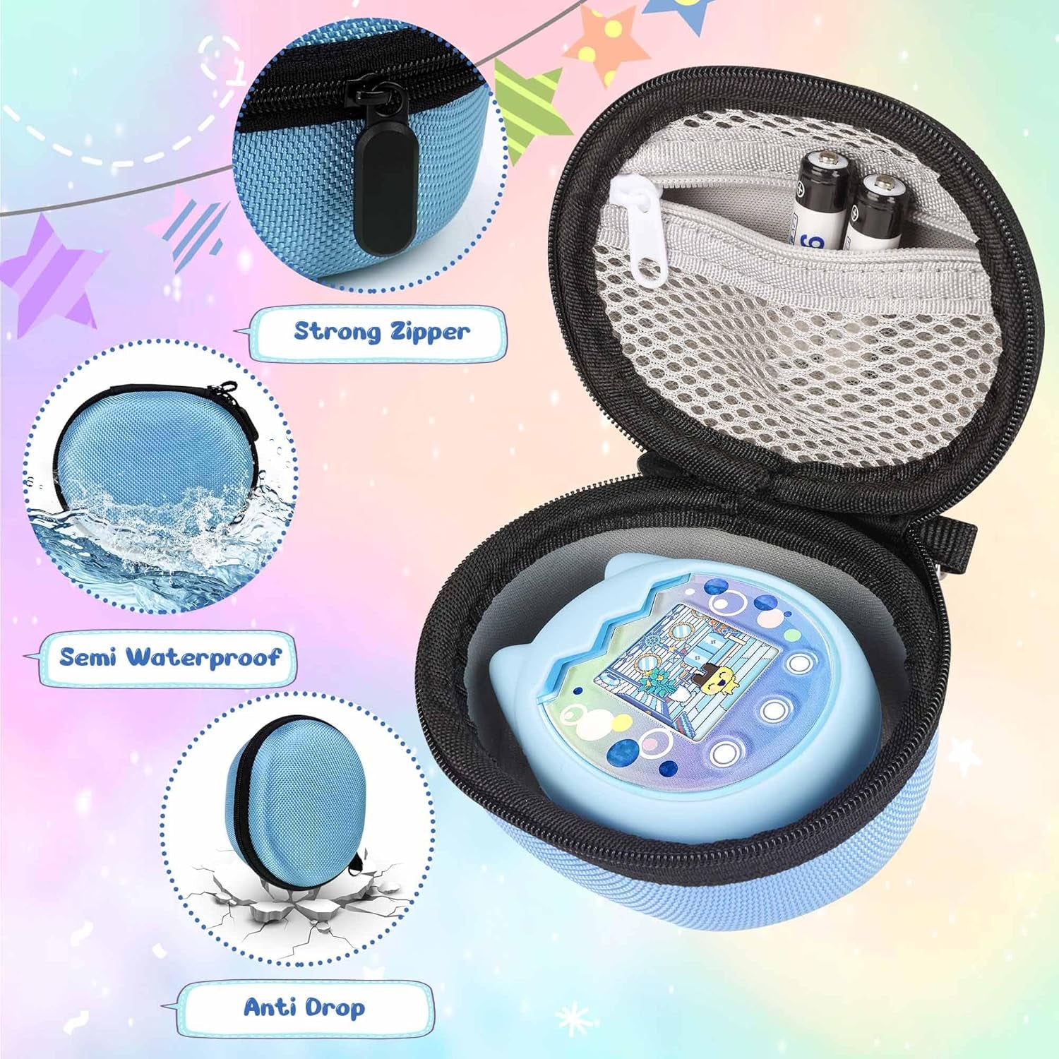 Carrying Case and Silicone Cover Compatible with Tamagotchi Pix Virtual Pet Game Machine, (5-In-1) Silicone Cover for Tamagotchi Pix, with Finger Lanyard and Screen Protector (Blue) ZOUSA