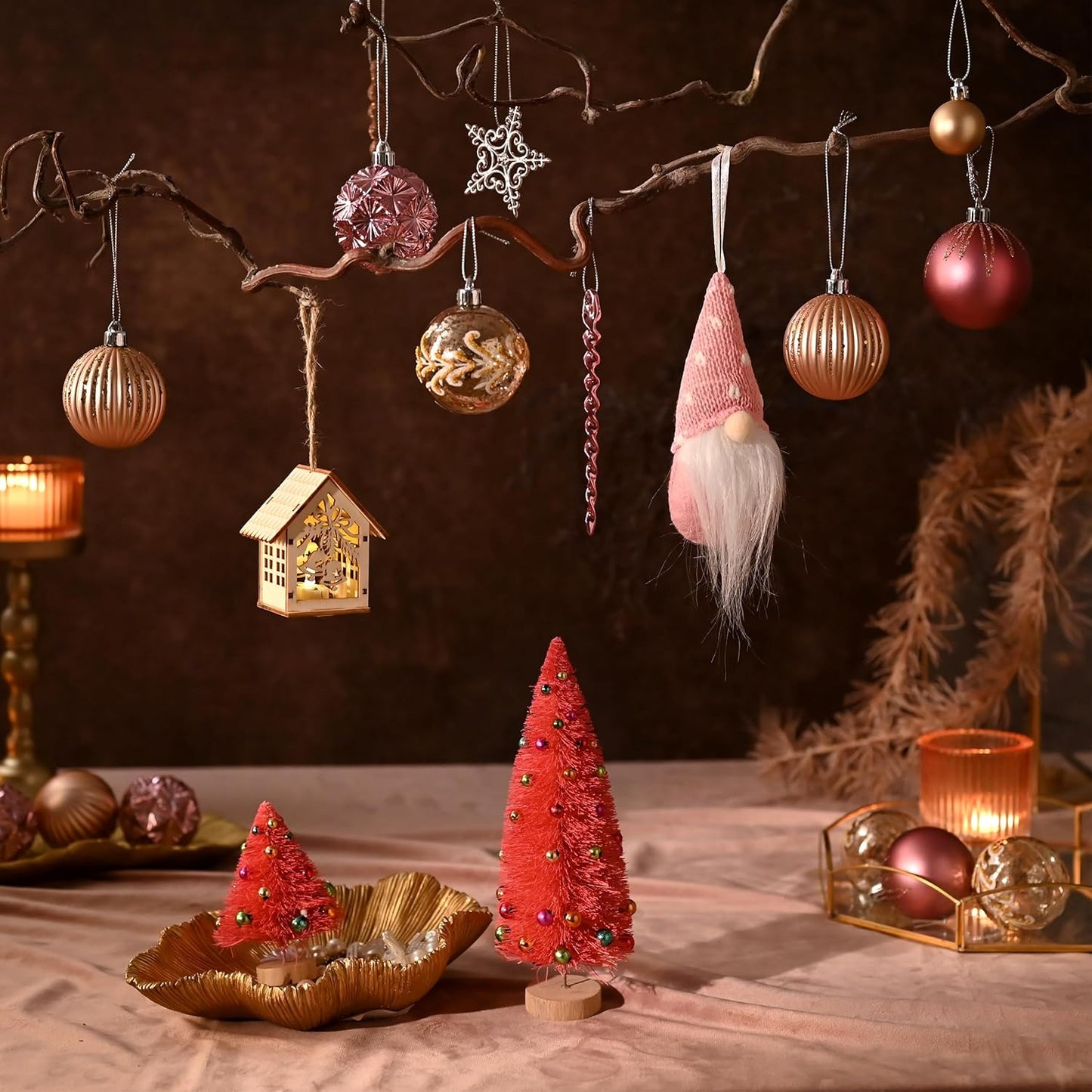 Decorbyhannah 70Ct Christmas Ornaments Set, Shatterproof Decorative Pink Gold Christmas Tree Decorations with Small Xmas Tree, Gnome and Wooden Lighted Bird House for Home Party Halloween Decor