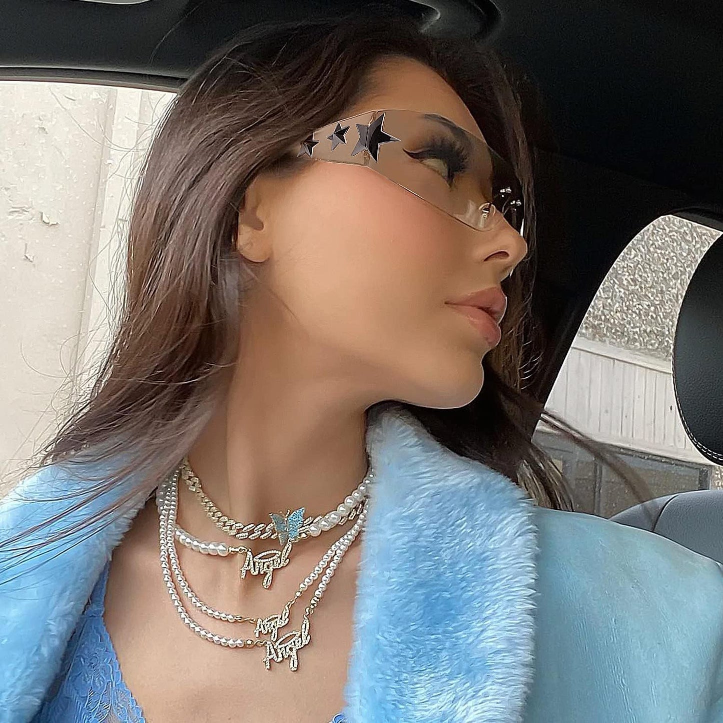 Rimless Y2K Sunglasses Star Wrap around Glasses 2000S Accessories for Women Men Trendy Fashion Cool Shield Shades