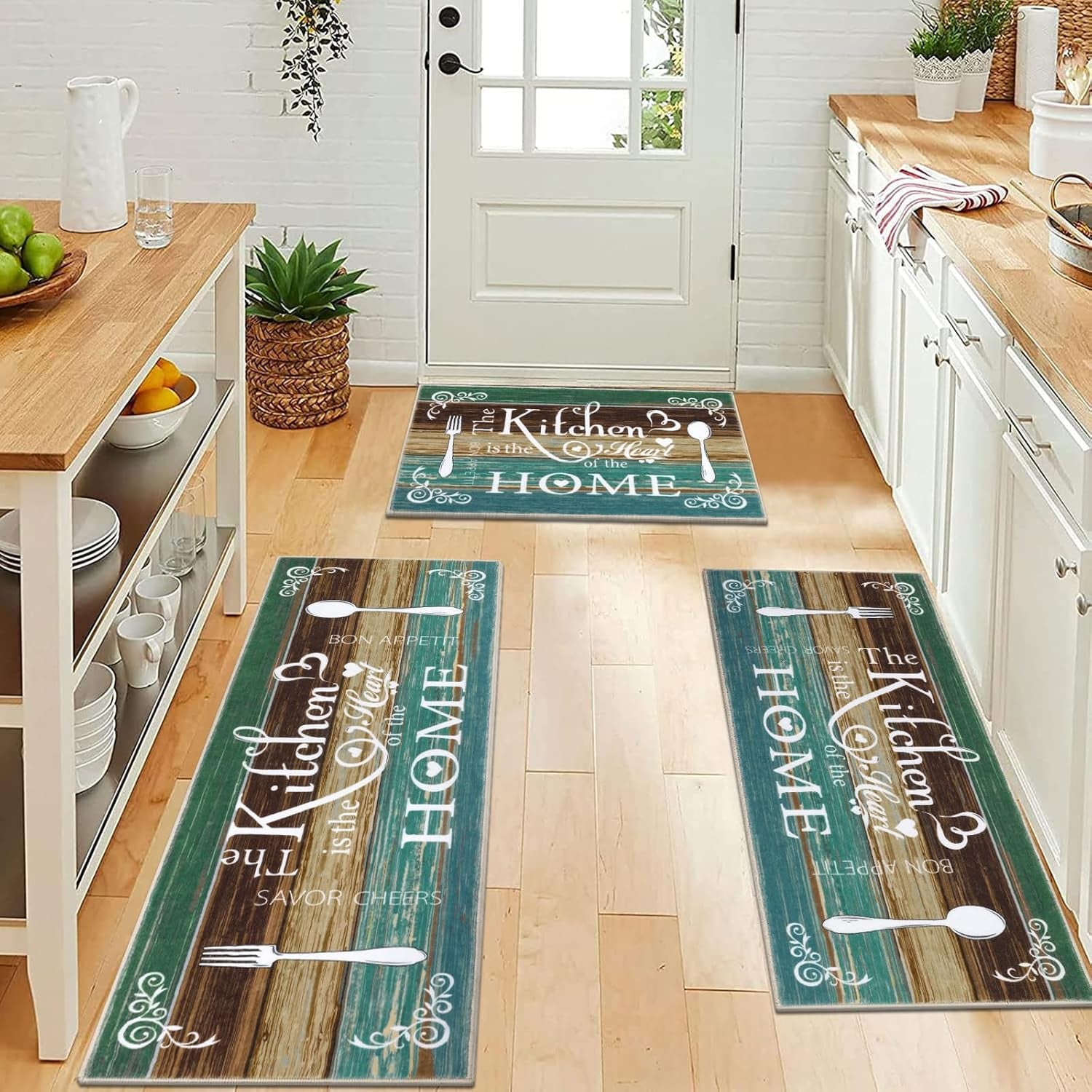 Boho Kitchen Rug Sets 3 Pieces, Washable Kitchen Mats for Floor, Non Slip Soft Kitchen Area Rug Floor Mat for Kitchen, Laundry Room and Hallway (Teal, 20''X32''+20''X47''+20''X59'')