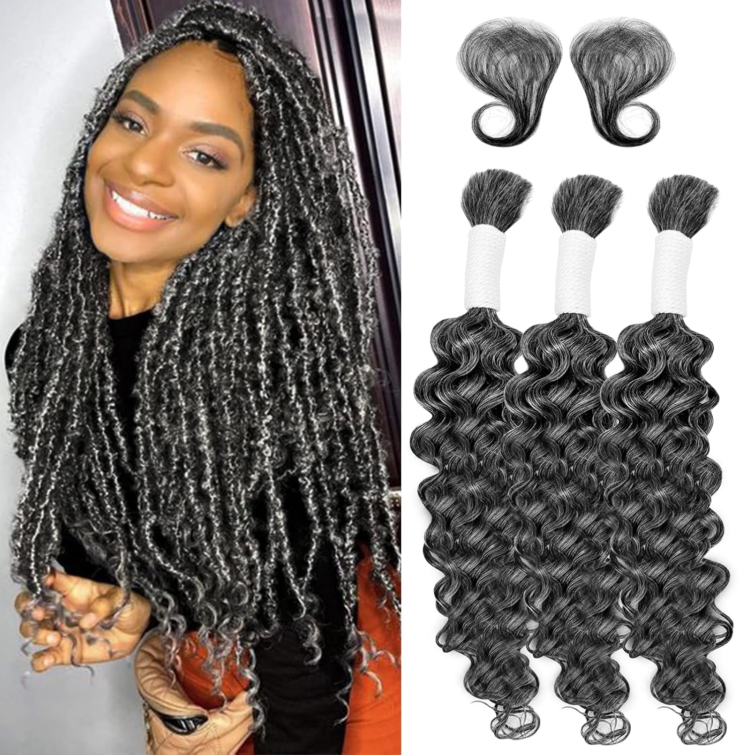 Langer Gray Human Braiding Hair Deep Wave Bulk Human Hair for Braiding No Weft Bundle 150G 3 Bundles/Pack 16A Brazilian Virgin Water Curly Human Hair Extensions for Boho Braids 18 Inch Salt and Pepper