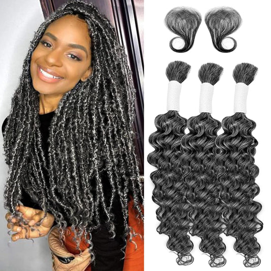 Langer Gray Human Braiding Hair Deep Wave Bulk Human Hair for Braiding No Weft Bundle 150G 3 Bundles/Pack 16A Brazilian Virgin Water Curly Human Hair Extensions for Boho Braids 18 Inch Salt and Pepper