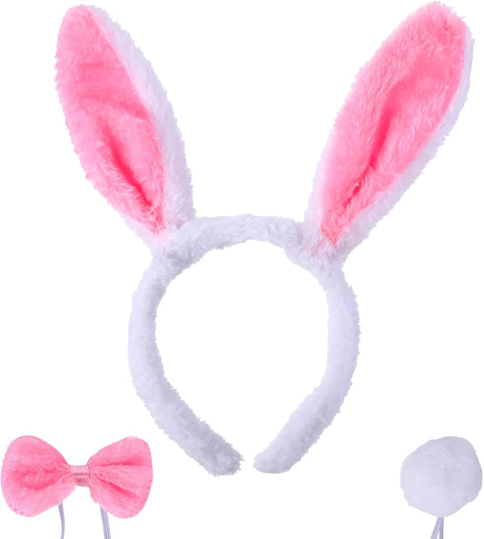 3 Pcs Bunny Rabbit Costume Set, Headband Rabbit Ear Headbands Easter Party Headband Bunny Costume Hairbands White and Pink Bunny Cosplay Costume Accessories