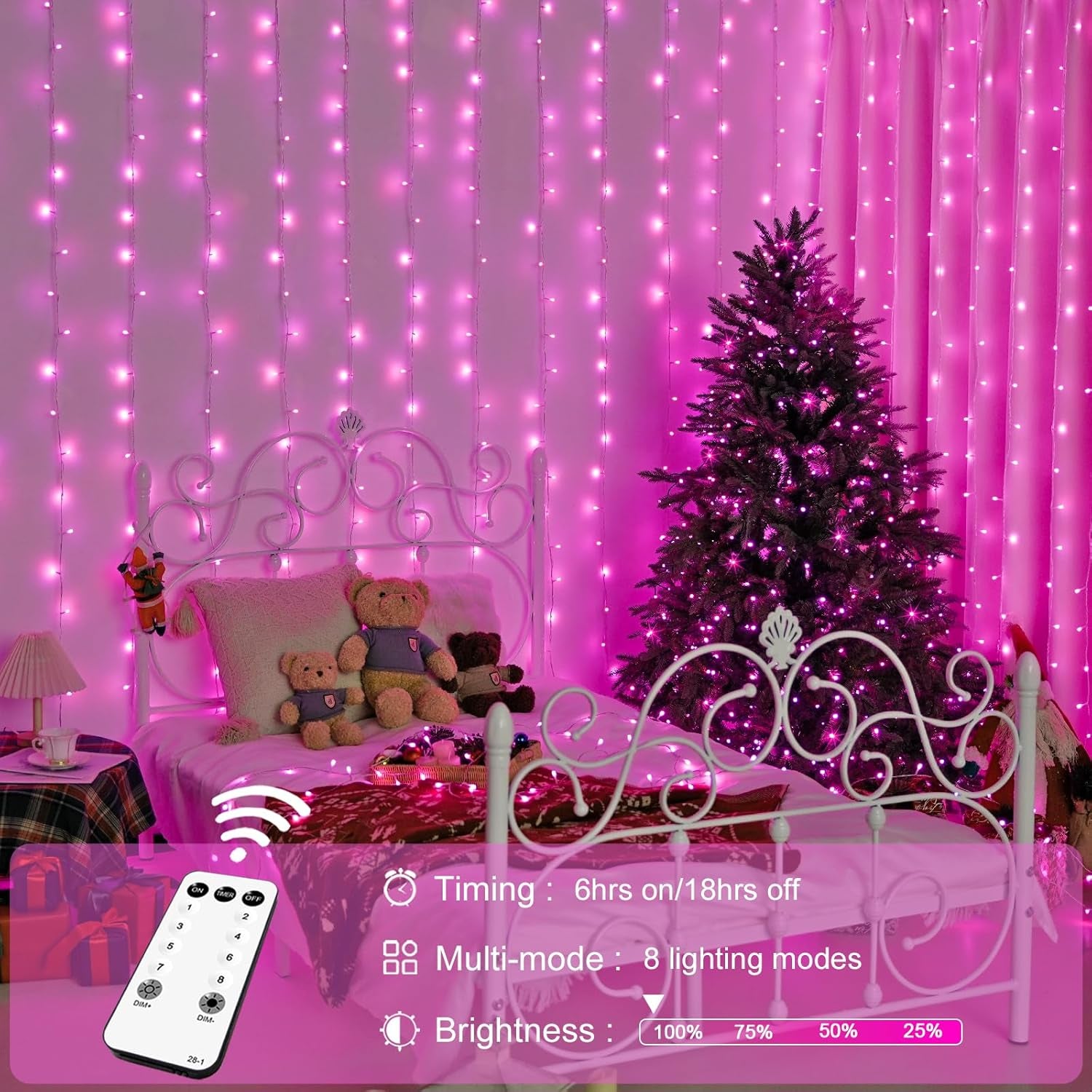 300 LED Pink Christmas Curtain Lights Indoor, Pink String Lights Plug In, 8 Modes Pink Fairy Lights for Bedroom Window Wall Party Backdrop Valentine Xmas Decorations, 9.8X9.8Ft