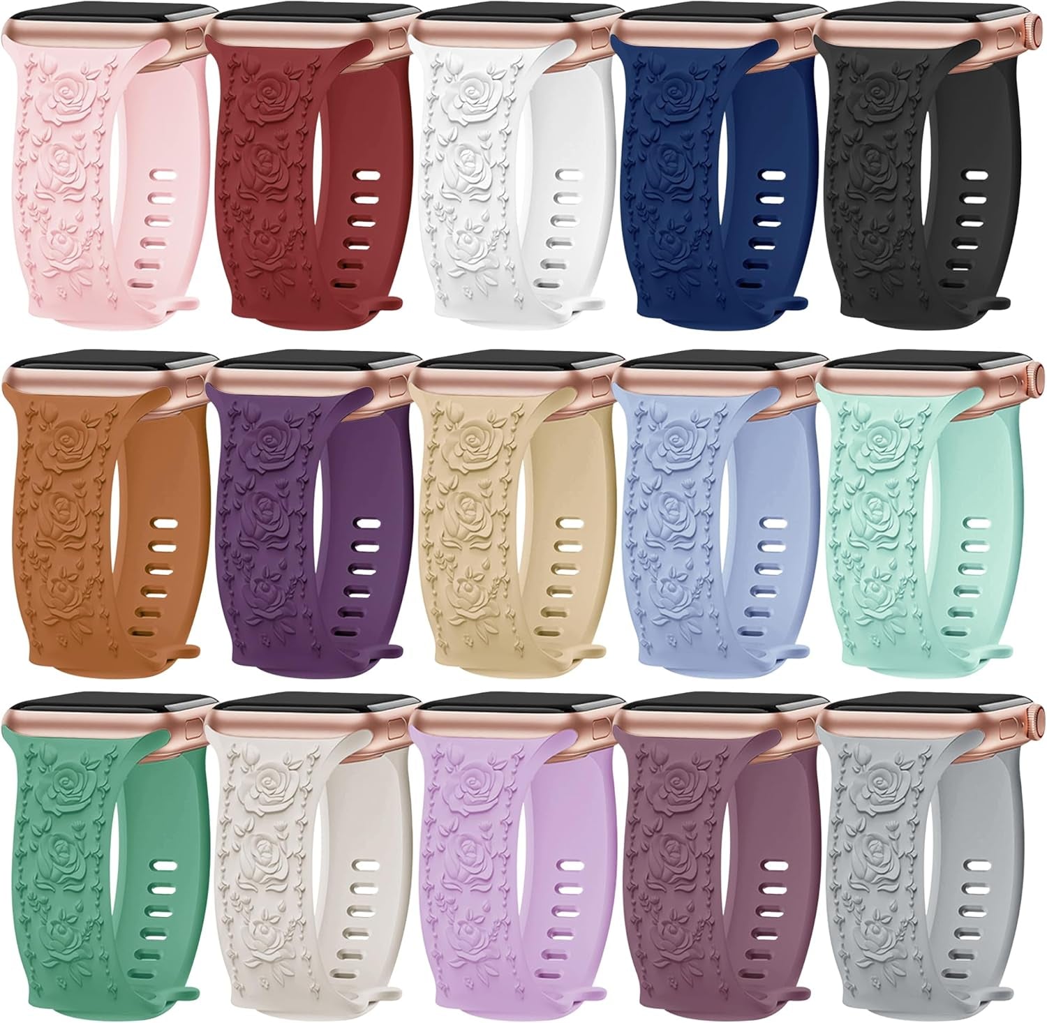 15 Pack Floral Engraved Bands Compatible with Apple Watch Band 49Mm 46Mm 45Mm 44Mm 42Mm 41Mm 40Mm 38Mm for Women Men, Flower Silicone Strap for Iwatch Series Ultra 10 9 8 SE 7 6 5 4 3 2 1