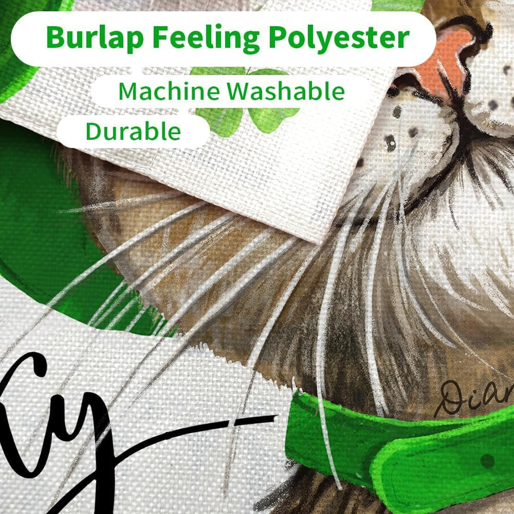 St Patricks Day Cat Garden Flag Hello Lucky 12X18 Inch Double Sided for outside Small Burlap Shamrock Clovers Holiday Yard Decoration