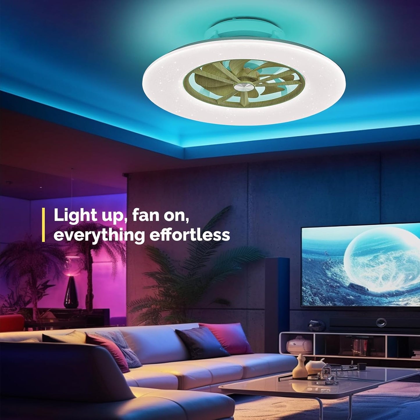 RGB Ceiling Fans with Lights, 24'' Low Profile Ceiling Fan with Light and Remote, Smart Ceiling Fans with 8 Blades, Compatible with Alexa, Google Home and App Controlled (Wood)