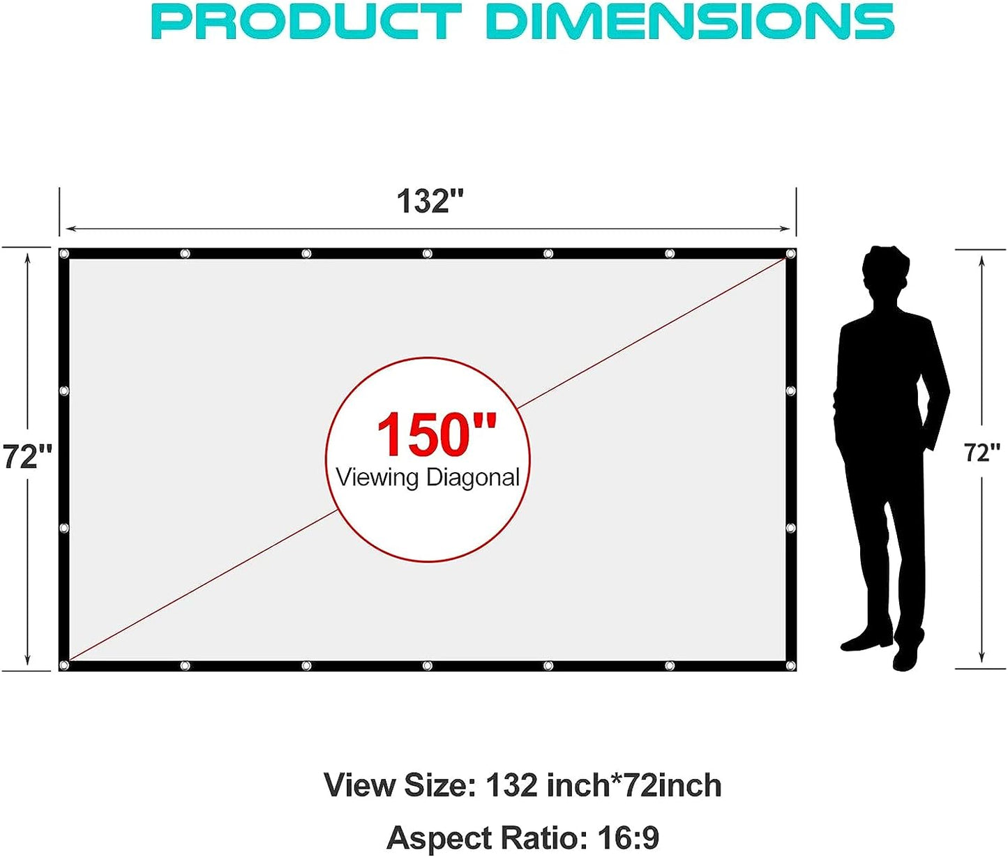 Outdoor Projection Screen 150 Inch, Washable Projector Screen 16:9 Foldable Anti-Crease Portable Projector Movies Screen for Home Theater Outdoor Indoor Support Double Sided Projection