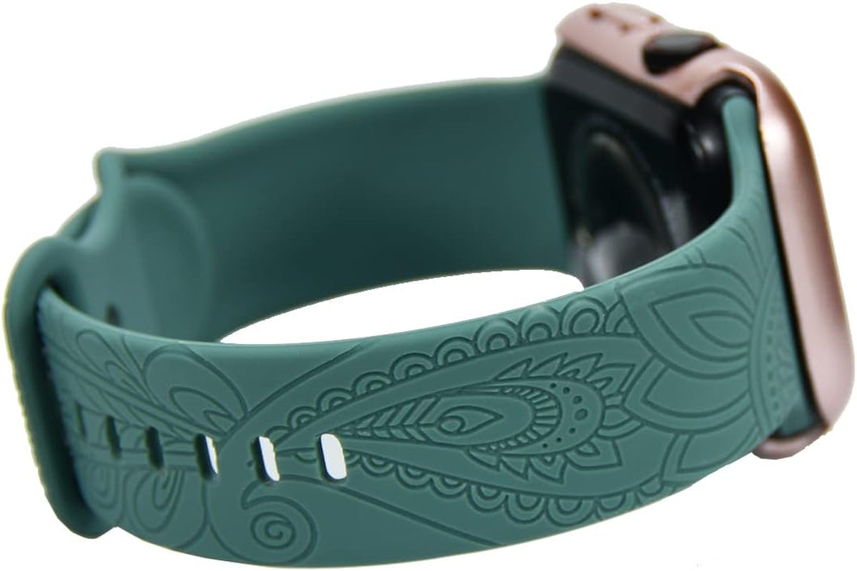 Flower Boho Engraved Band Compatible with Apple Watch Band 38Mm 40Mm 41Mm 44Mm 45Mm 42Mm 49Mm Women Wristbands, Soft Silicone Sport Floral Fancy Cute Designer Replacement Strap for Iwatch Series 8/7/6/5/4/3/2/SE