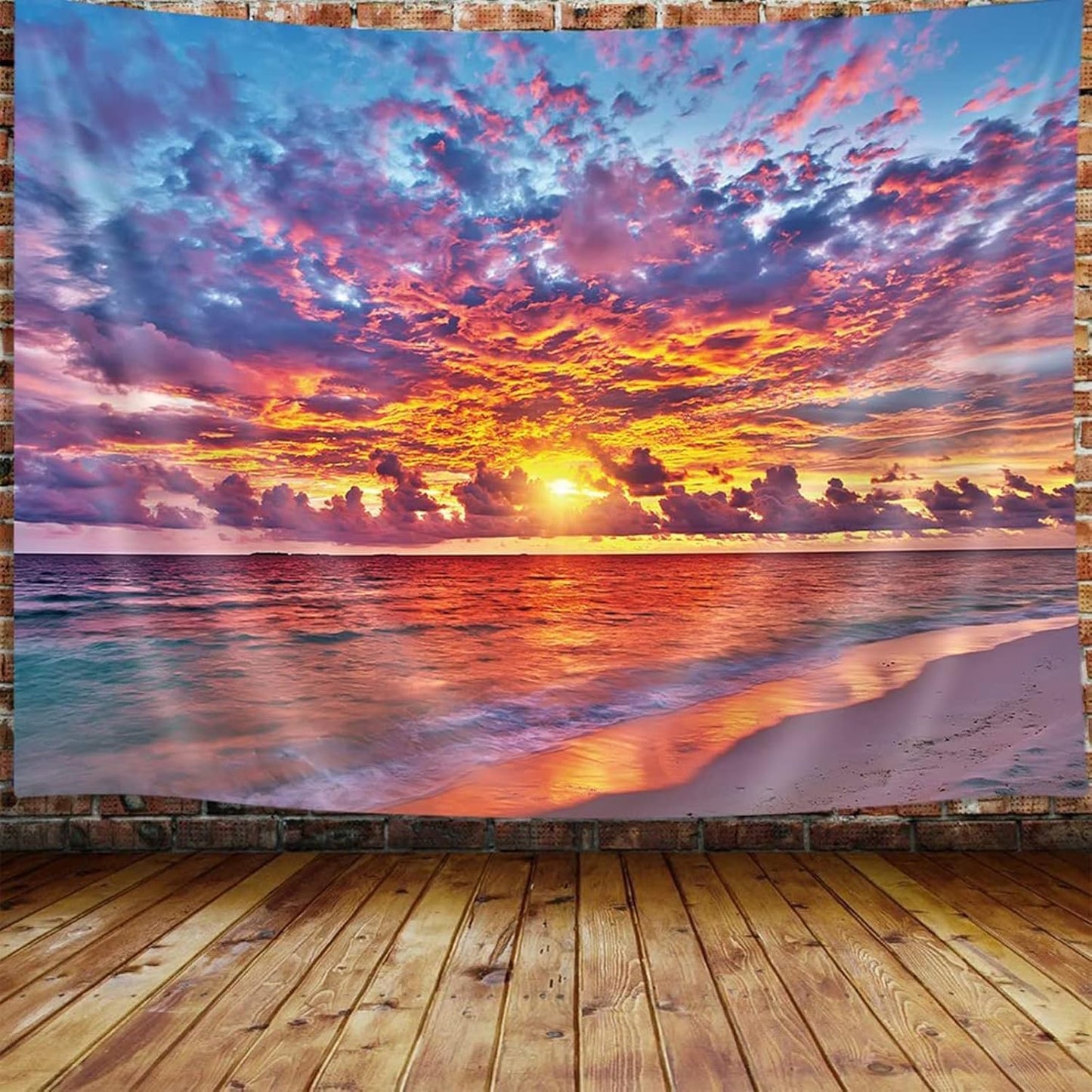 Tropical Ocean Sunset Sea Landscape Tapestry Wall Hanging Decoration, Purple Clouds and Gloden Sunshine, Wall Tapestry for Dorm Living Room Bedroom, Wall Blanket Wall Decor Wall Art Home Decor 71X60