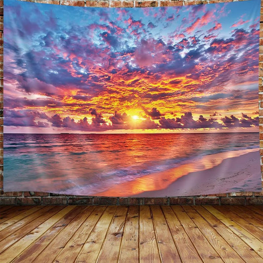 Tropical Ocean Sunset Sea Landscape Tapestry Wall Hanging Decoration, Purple Clouds and Gloden Sunshine, Wall Tapestry for Dorm Living Room Bedroom, Wall Blanket Wall Decor Wall Art Home Decor 71X60