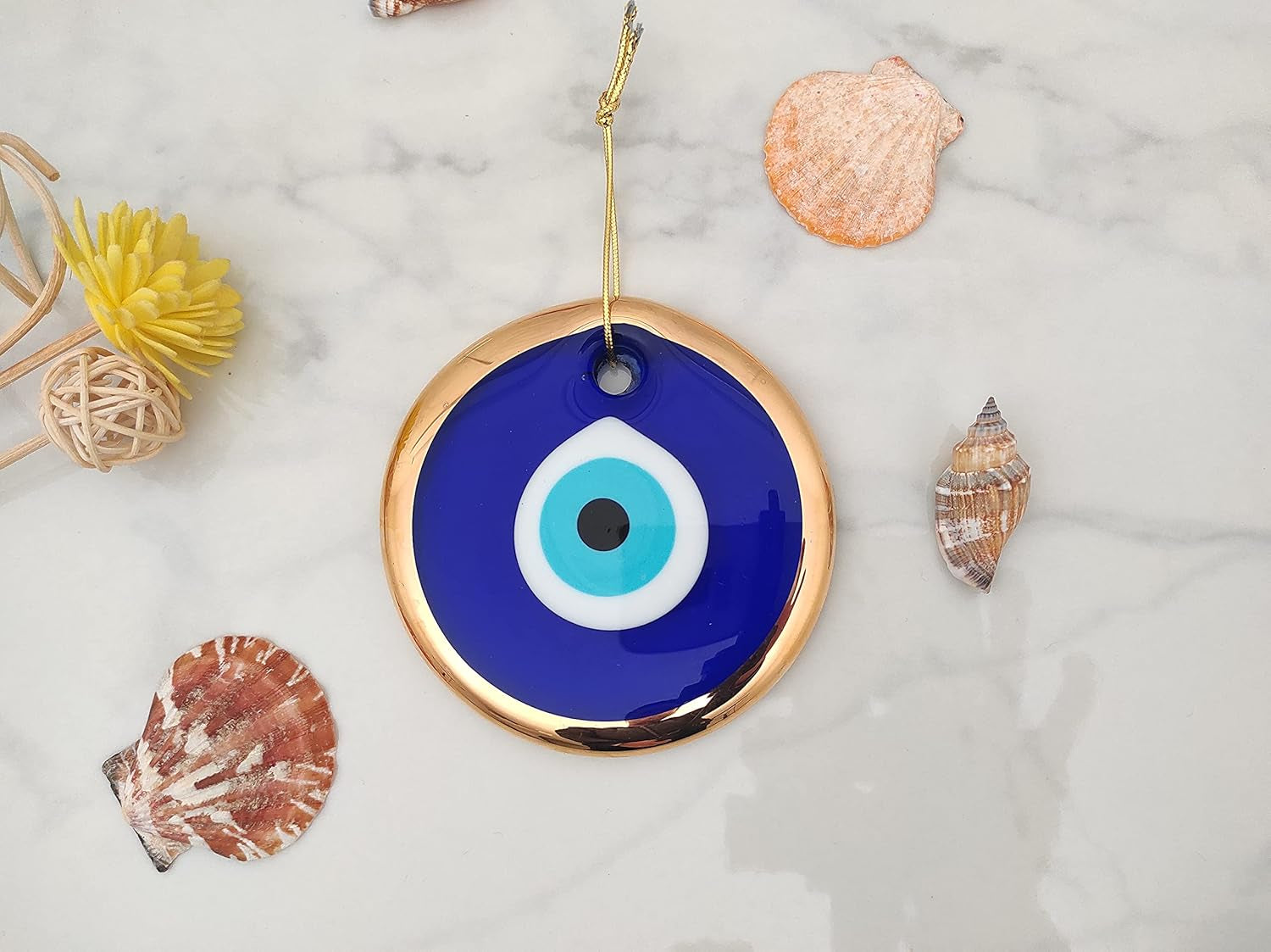 3.5" Glass Blue Evil Eye Wall Hanging Gold Ornament - Turkish Nazar Bead - Home Protection Charm - Gold Wall Decor Amulet in a Box (Medium)