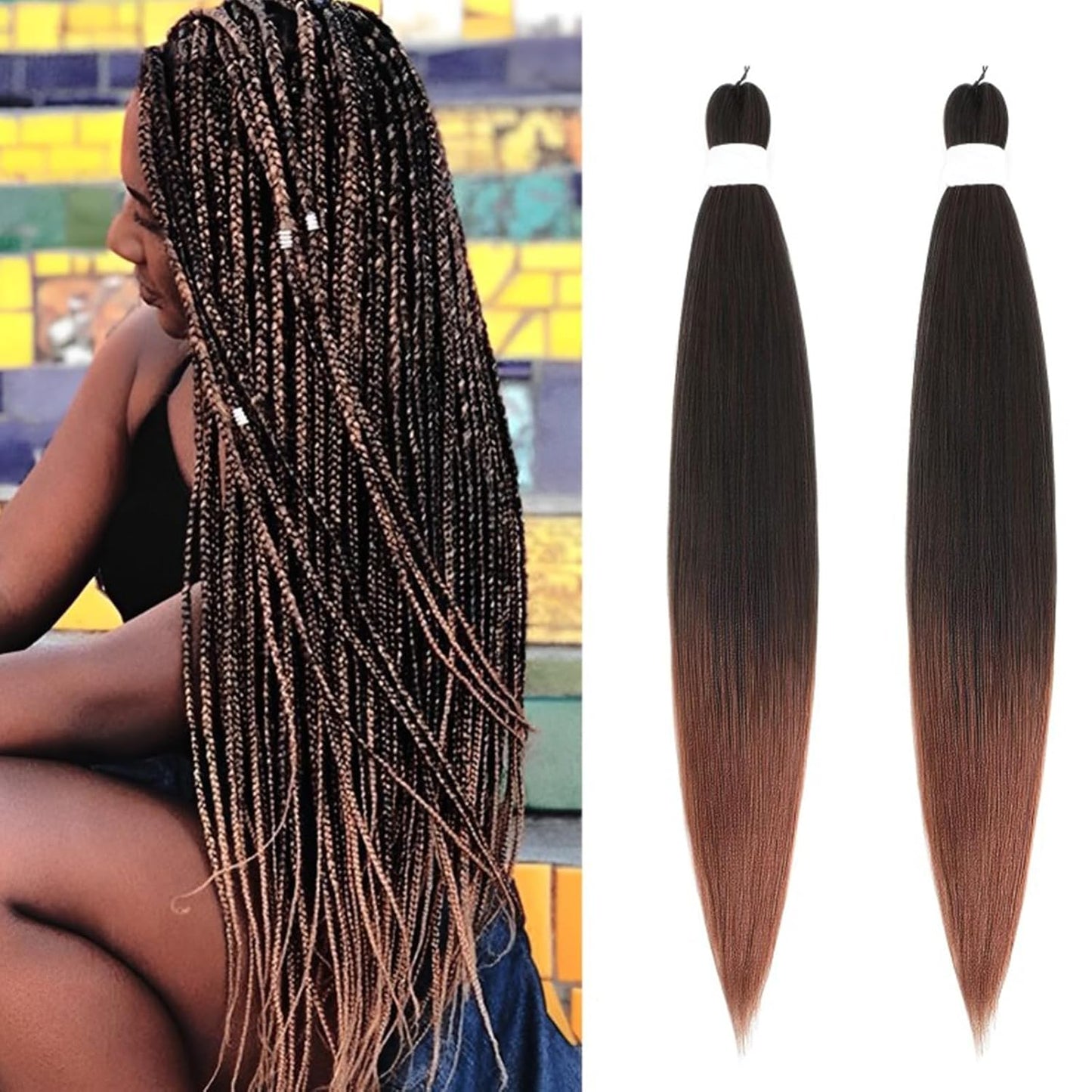 Ombre Braiding Hair Pre Stretched 26Inch 2Packs Ombre Brown Pre Stretched Braiding Hair Long Straight Kanekalon Braiding Hair Soft Yaki Synthetic Braids Hair Extensions