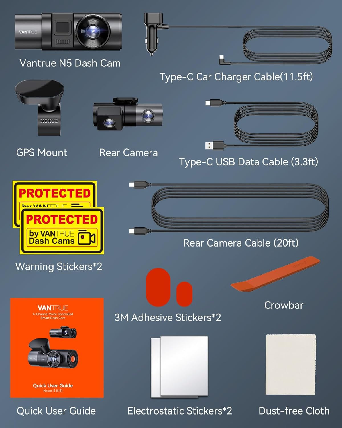 N5 4 Channel Wifi 360° All Sides Dash Cam, STARVIS 2 IR Night Vision, 2.7K+1080P*3 Front Rear inside Dashcam, Voice Control, GPS, 24 Hours Buffered Parking Mode Dash Camera, Support 512GB Max