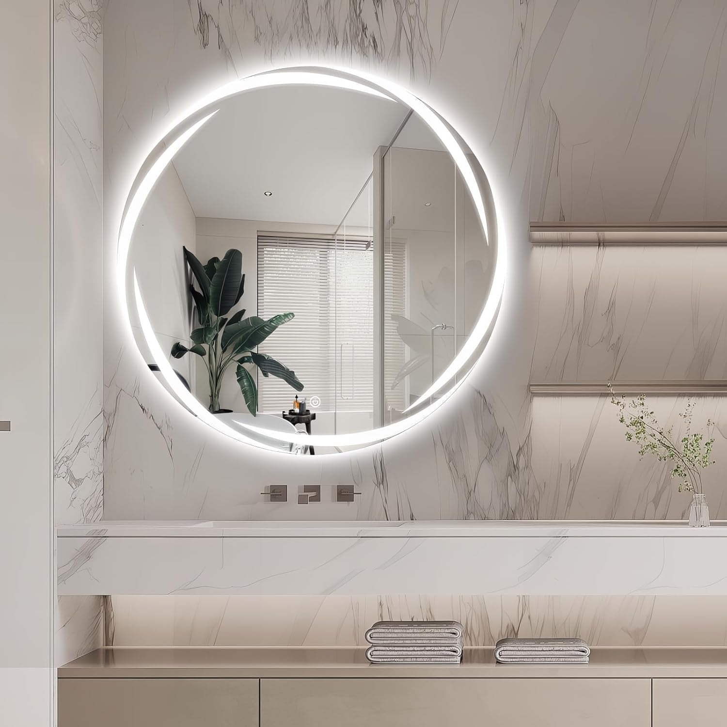 24" round LED Mirror for Bathroom with Front Light and Backlit, Stepless Dimmable Vanity Mirror with Lights, Frameless anti Fog Smart Mirror Wall Mounted, IP65 Waterproof, Shatter-Proof