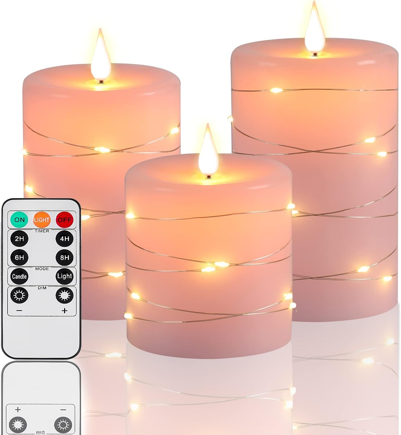 Pink Flameless Candles with String Lights Battery Operated Flickering LED Pillar Candles 4‘’ 5‘’ 6‘’ Candle with Remote Control, Set of 3
