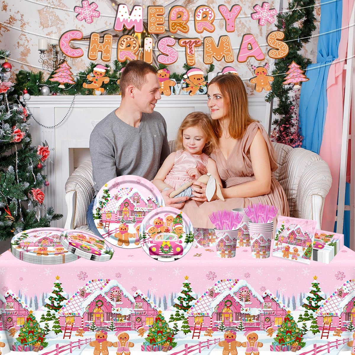 142Pcs Gingerbread Christmas Tableware Party Decorations Gingerbread Man Winter Christmas Holiday Party Supplies Pink Cookie House Family Gathering Disposable Banner,Plates,Napkins and Tablecloth