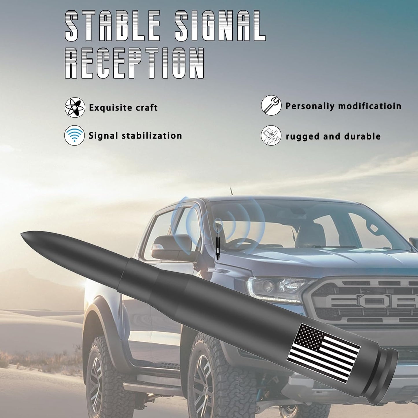 American Flag Car Truck Antenna with Valve Stem Caps, Universal Mast for GM Chevy Silverado 1500 2500 3500 HD Avalanche Ford F150 F250 F350 Denali Heavy Duty Pickup Trucks Accessories (Black)