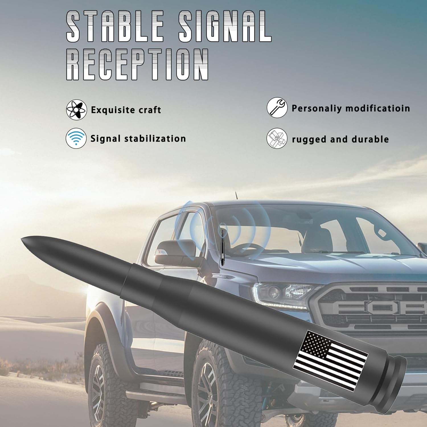 American Flag Car Truck Antenna with Valve Stem Caps, Universal Mast for GM Chevy Silverado 1500 2500 3500 HD Avalanche Ford F150 F250 F350 Denali Heavy Duty Pickup Trucks Accessories (Black)