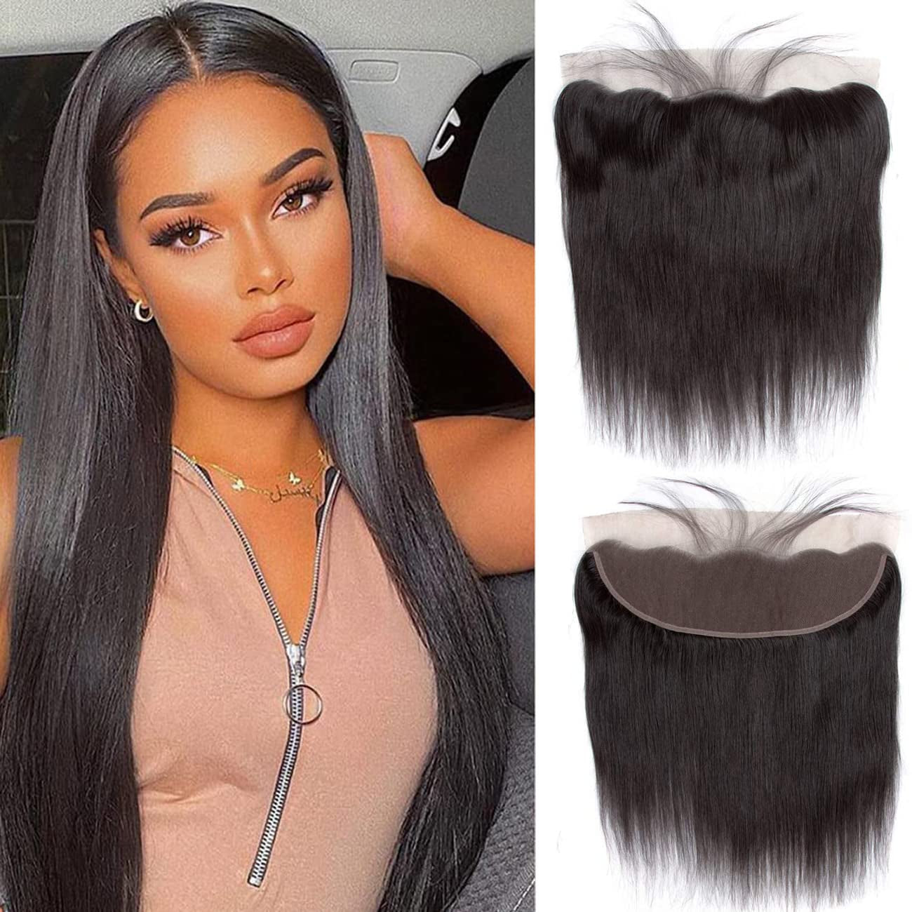 Straight Lace Frontal Closure 13X4 Ear to Ear Lace Frontal Free Part Straight Frontal Pre Plucked Frontal 12A Grade Brazilian Human Hair 13X4" Full Lace Frontal Closure with Baby Hair Natural Black