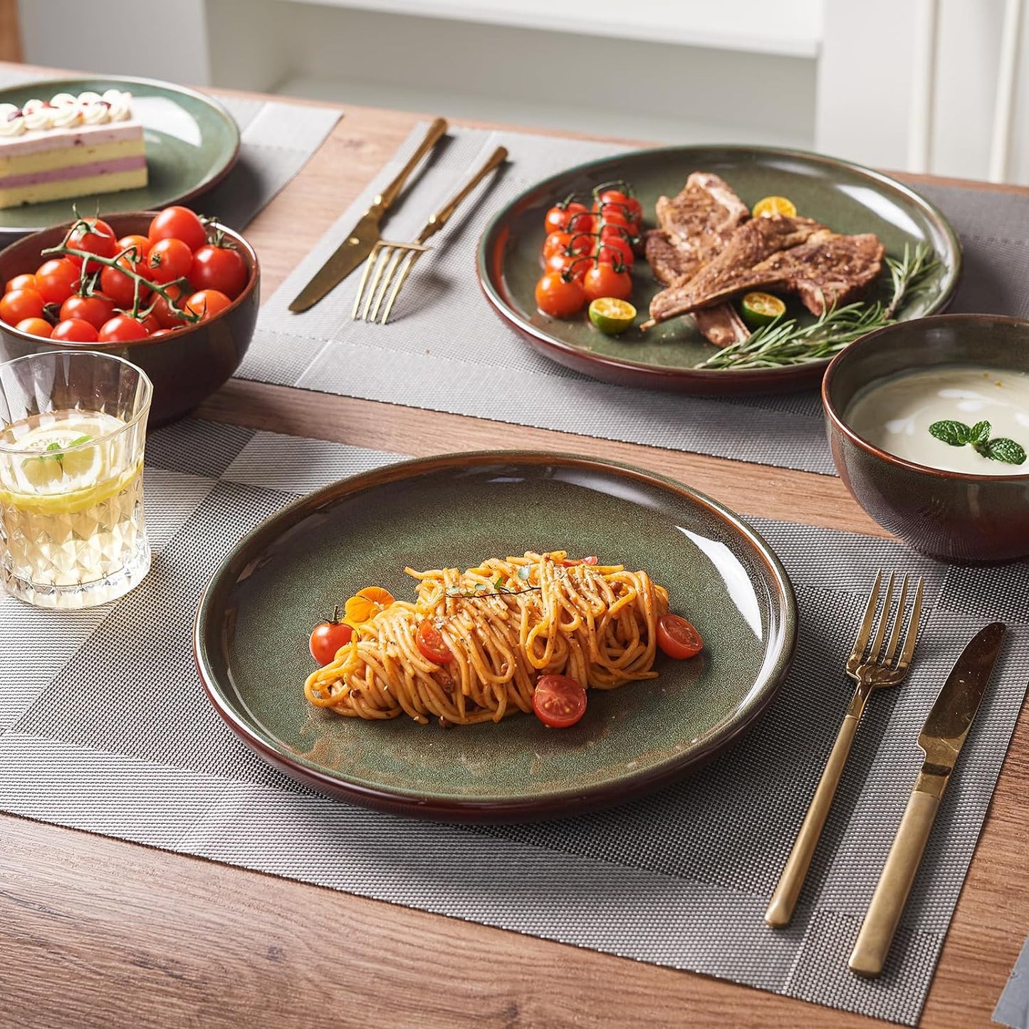 Stoneware Dinnerware Sets Service for 4, 12 Pcs Reactive Glaze Plates and Bowls Sets, Handmade Ceramic Dish Set, Highly Chip and Crack Resistant Modern Plate Set, Sage Green