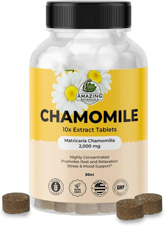 Organic Chamomile Extract Tablets - Matricaria Chamomilla Plant-Based Supplement - 10X Extract 2000 MG Each - Promotes Relaxation - 30 Tablets TLBH