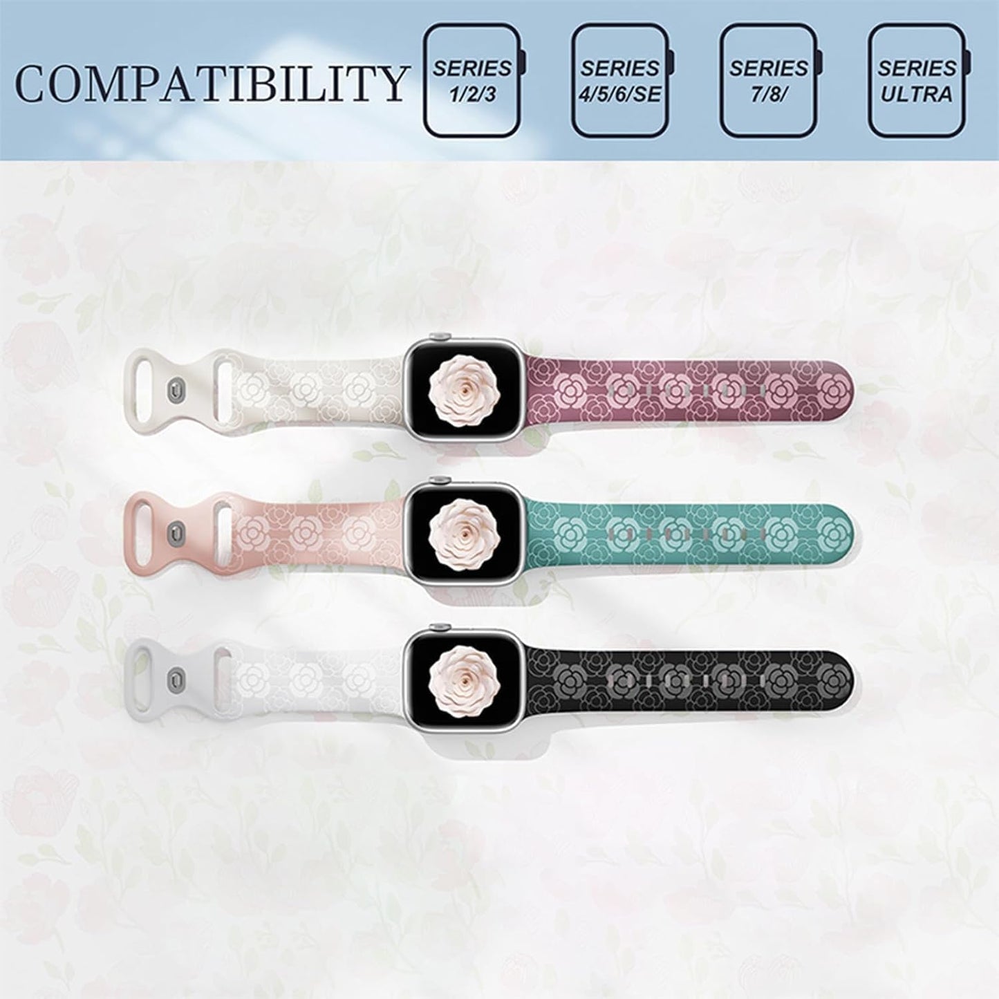 Floral Bands for Apple Watch 42Mm 44Mm 45Mm 49Mm Women, Soft Silicone Sport Straps with Cute Flower Patterns Compatible with Iwatch Bands Series Ultra SE 9 8 7 6 5 4 3 2 1