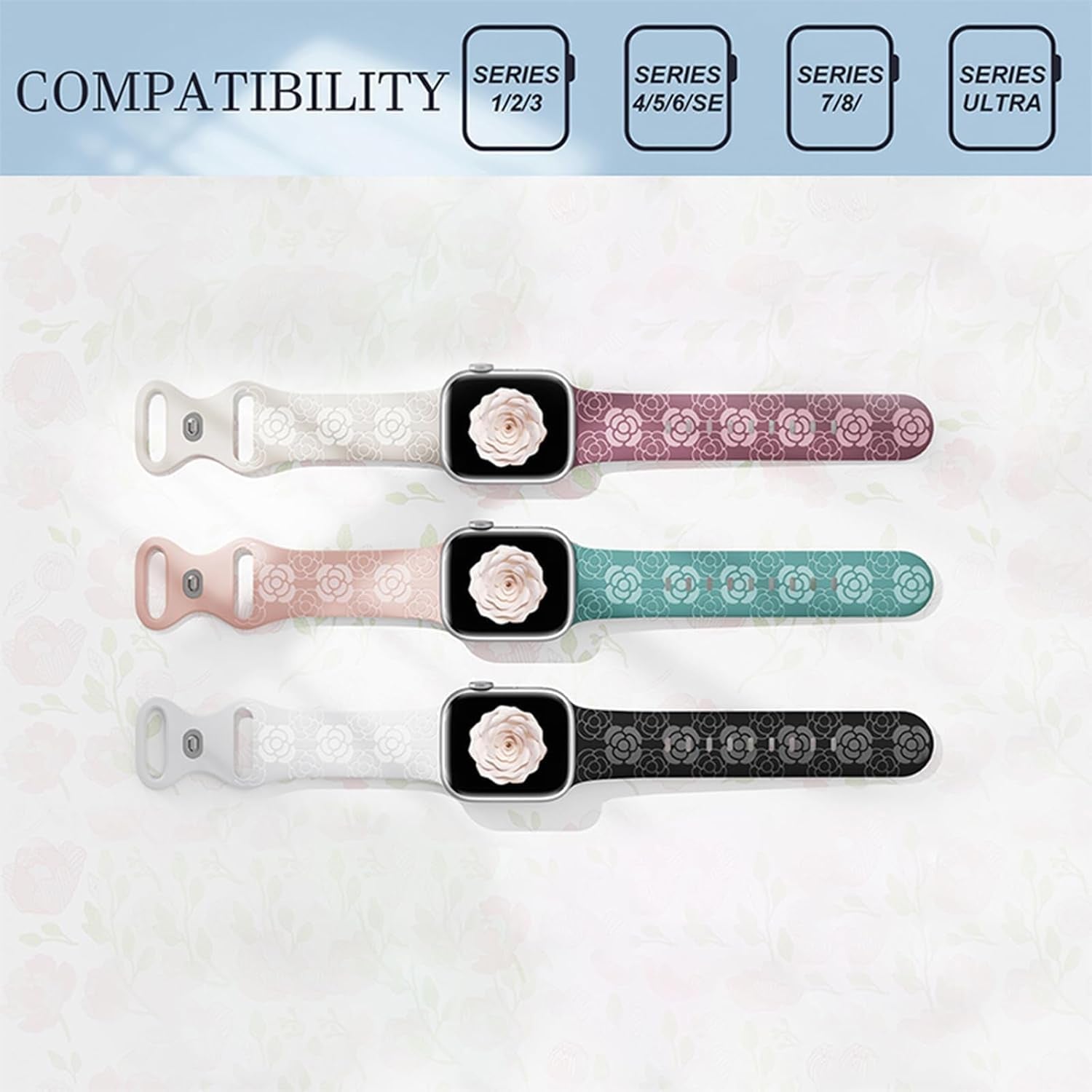 Floral Bands for Apple Watch 42Mm 44Mm 45Mm 49Mm Women, Soft Silicone Sport Straps with Cute Flower Patterns Compatible with Iwatch Bands Series Ultra SE 9 8 7 6 5 4 3 2 1