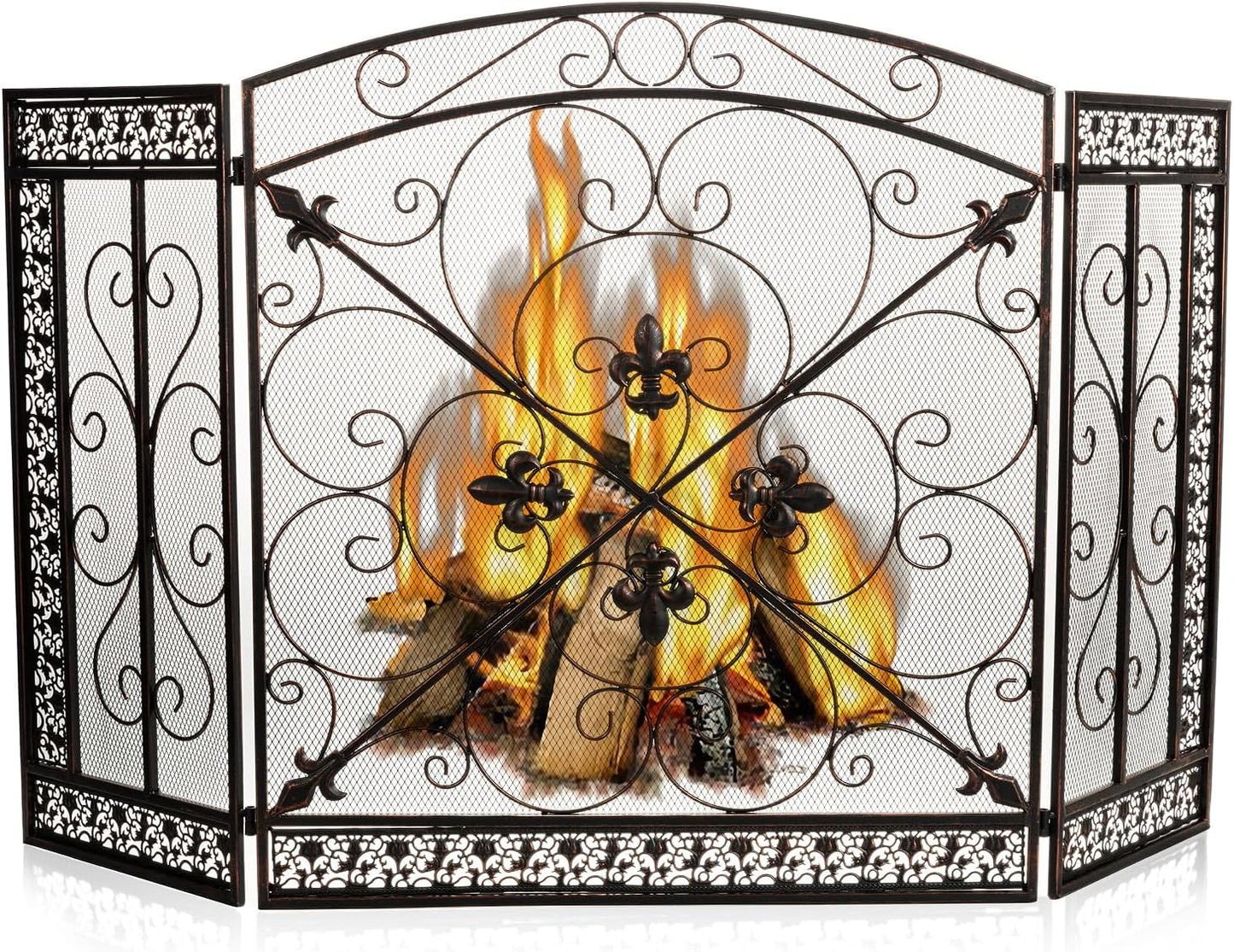 Fireplace Screen 3 Panel Folding Fireplace Screens 52.4 X 31 Inch Metal Furnace Fireguards Mesh Cover Baby Safe Proof Fence Spark Guard Cover Wrought Iron Fire Place Standing Gate (Bronze)